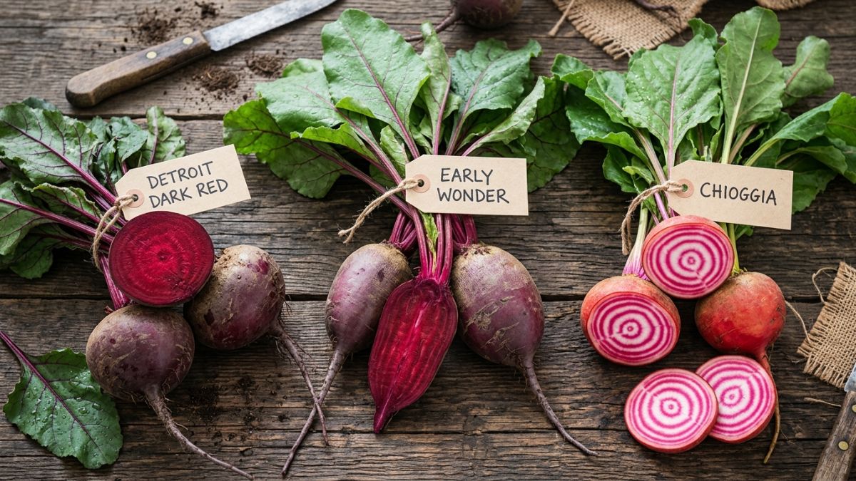 Comparação de variedades de beterraba: raízes redondas Detroit Dark Red, Early Wonder alongada e Chioggia com interior listado, dispostas sobre superfície rústica, cores vibrantes