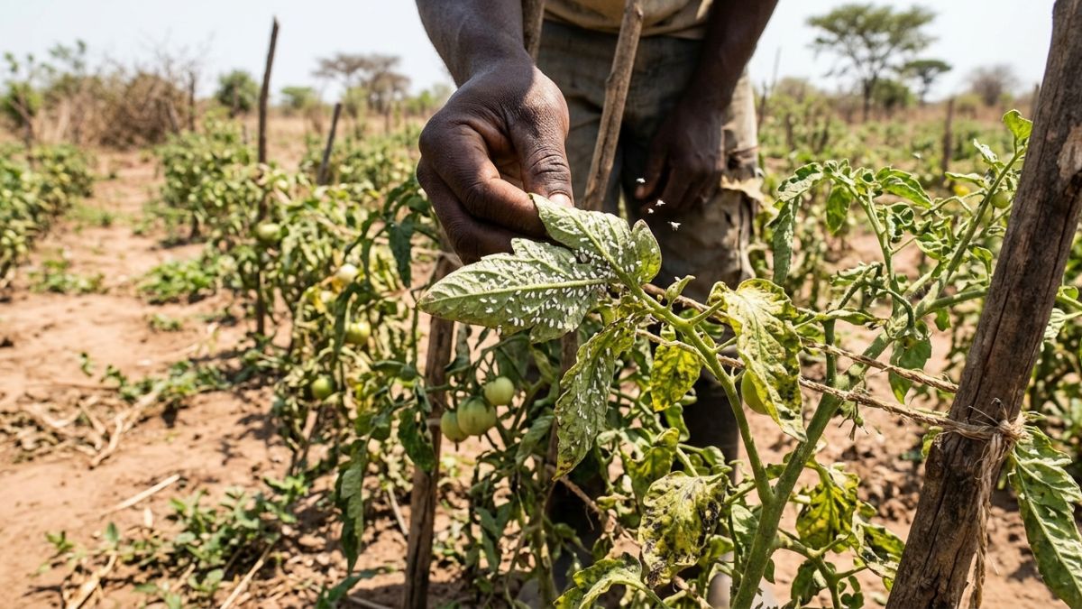 planta de tomate com indicios e presenca de mosca branca em um campo em Mocambique