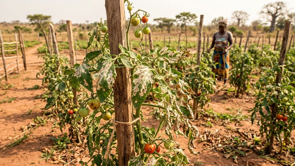 planta de tomate com traca-do-tomate em uma campo em Mocambique