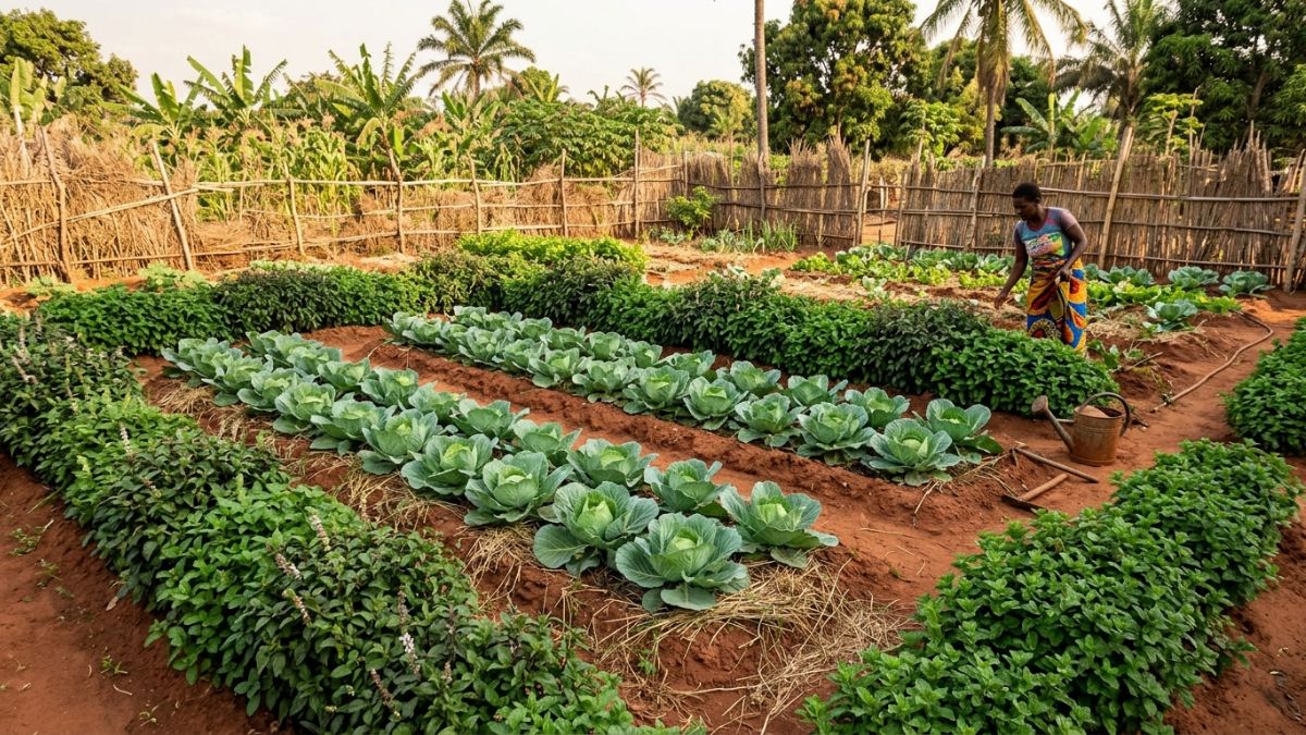 Canteiro de couves com bordadura de manjericão e hortelã, espaçamento regular, contexto de controlo natural de pragas em horta moçambicana.