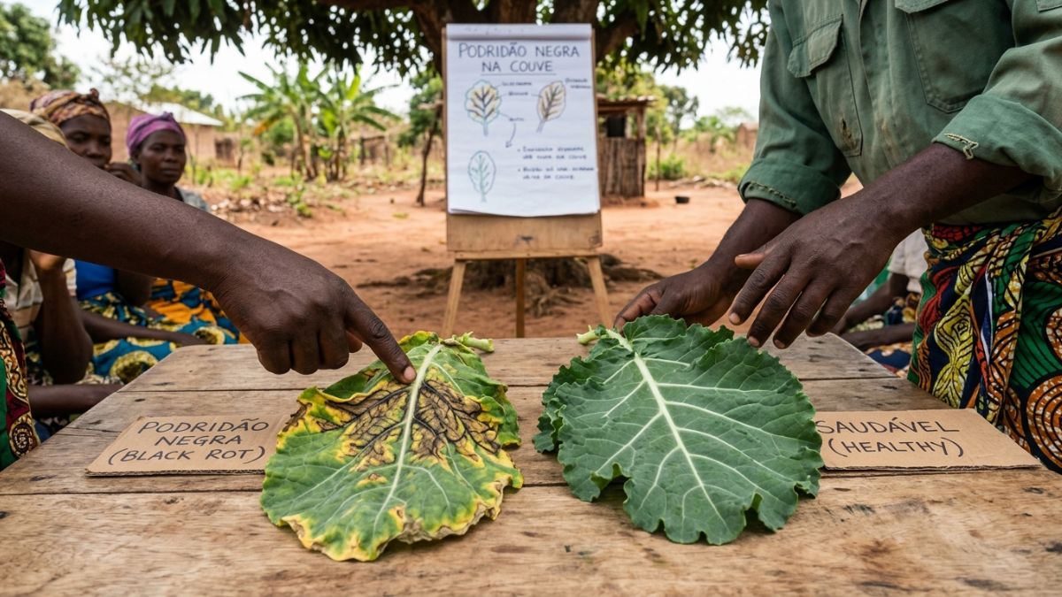 Folhas de couve com sintomas de podridão negra: lesões em V amarelo-castanho nas bordas com nervos escuros, comparadas com folha saudável, contexto educativo agrícola.