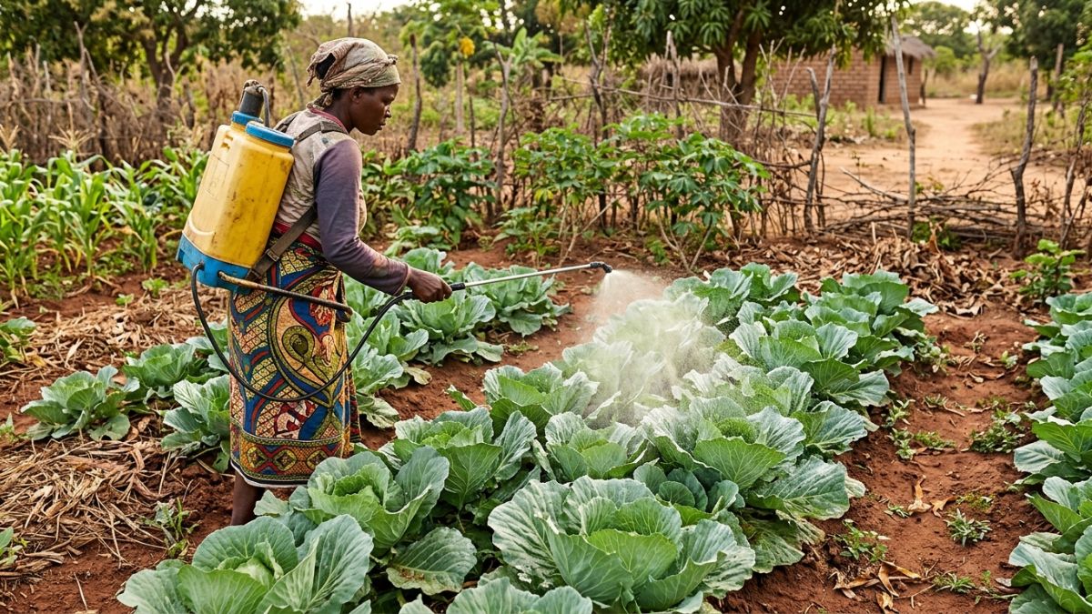 Agricultor moçambicano a aplicar extrato de neem em couves com pulverizador ao amanhecer, névoa fina visível, folhas verdes saudáveis, programa de controlo integrado.