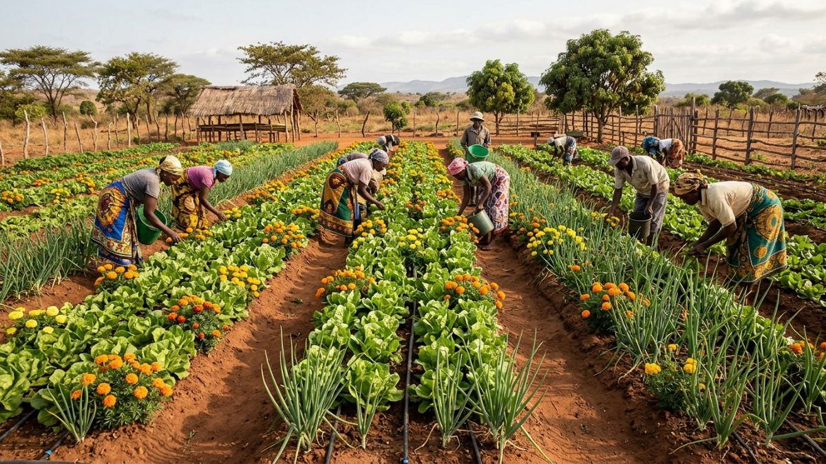 campo de alface em consorciacao com outras plantas que repelem pragas do alface, campo bem organizado em Mocambique