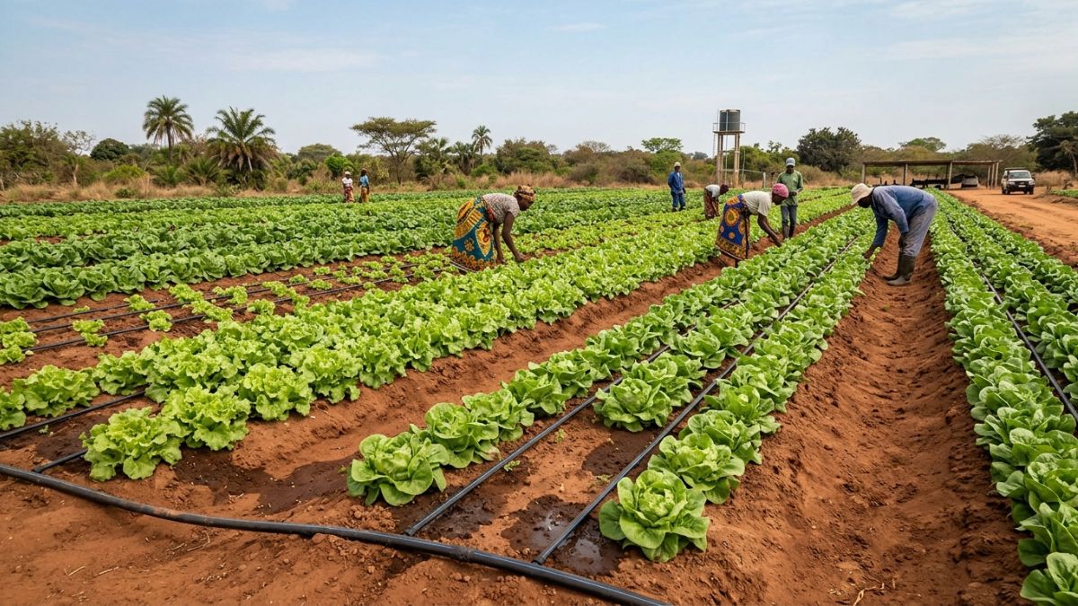 plantas de alface com rega por gotejamento visiveis em campo de producao em Mocambique