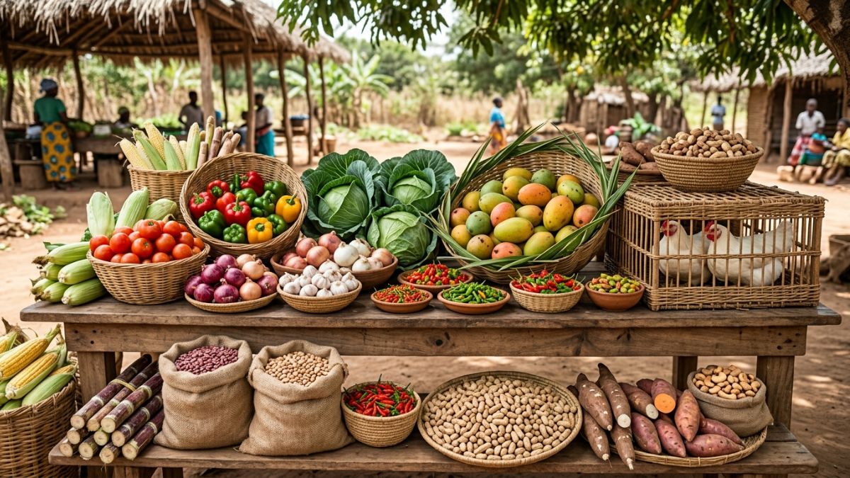 Mesa com amostras das 15 culturas mais rentáveis de Moçambique: tomate, pimentão, cebola, alho, couve, feijão, frangos de corte, manga, piripíri e amendoim em disposição visual atraente.