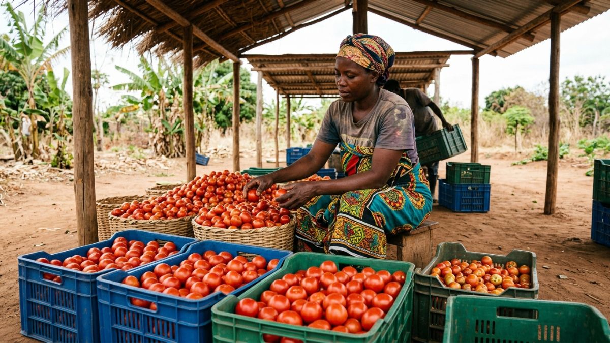 Agricultor moçambicano a classificar e embalar tomates após colheita, produto organizado em caixotes limpos, reduzindo perdas e aumentando valor comercial.