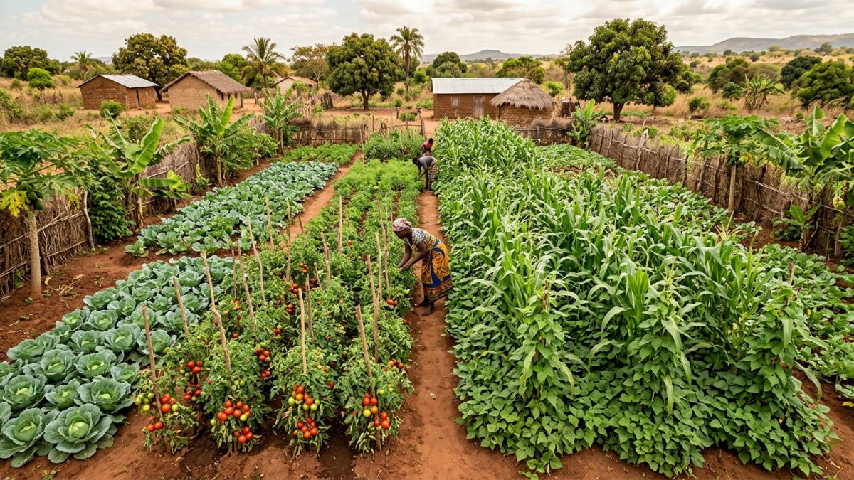 Machamba bem organizada com múltiplas culturas em parcelas adjacentes: tomate, couve, feijão e milho em consórcio, máximo aproveitamento do espaço disponível, Moçambique.