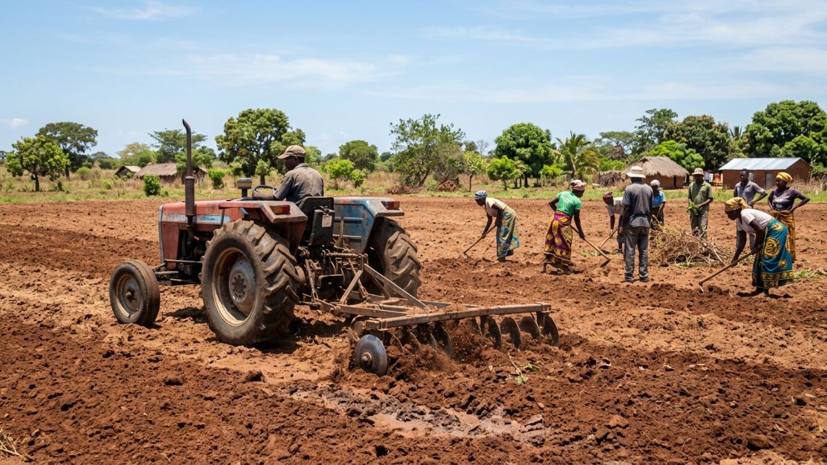 tractor numa machamba mocambicana a fazer a preparacao do solo em meia humidade e um ambiente de bom sol e agricultores ao fundo trabalhando.