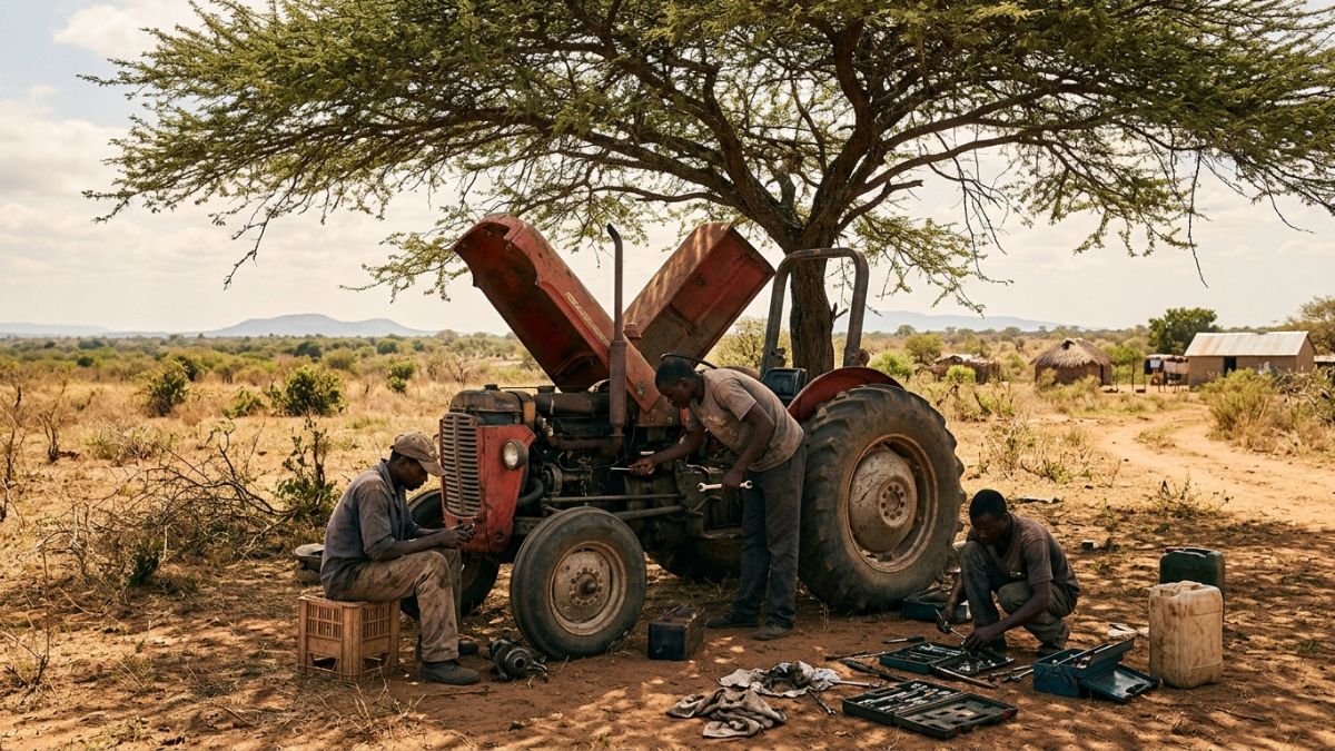tractor em manuntencao na machamba em um de baixo de uma arvore, em Mocambique.