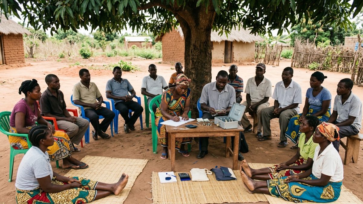 grupo de produtores em reunião de poupança, em Mocambique