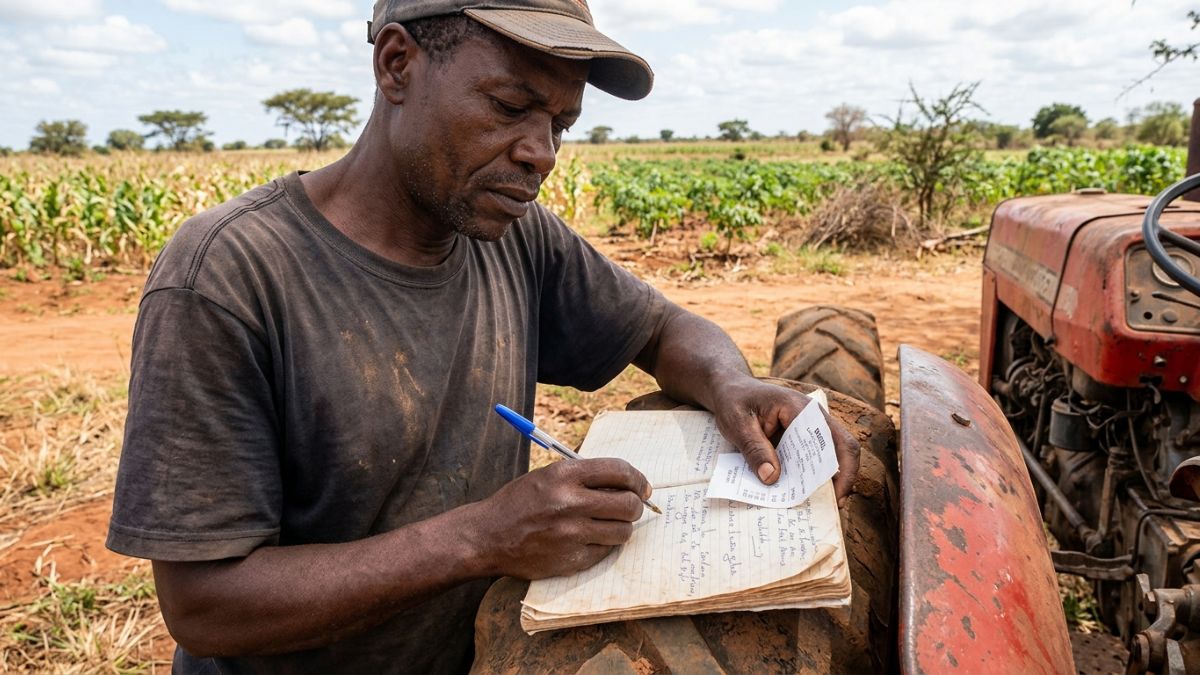Agricultor a registar consumo de combustível do tractor num caderno ao lado da máquina estacionada no campo, preço do gasóleo visível num recibo
