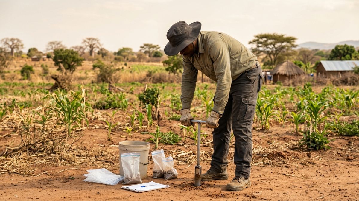 T&eacute;cnico agr&iacute;cola coletando uma amostra de solo em um campo