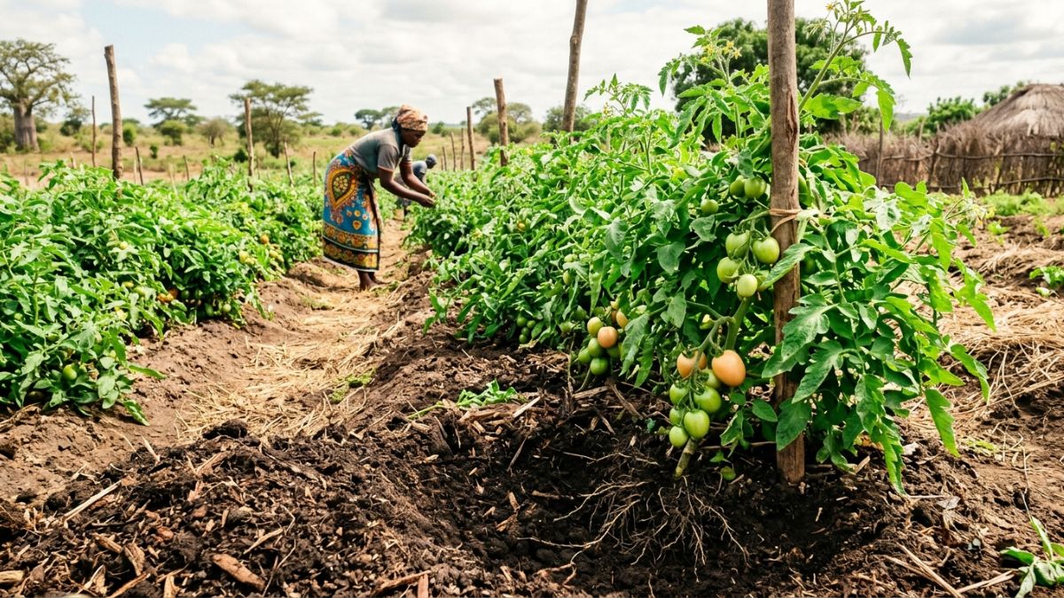 Campo de tomate vigoroso e saudável após adubação orgânica, folhas verdes brilhantes, frutos em desenvolvimento, raízes expostas mostrando solo escuro e rico em matéria orgânica.