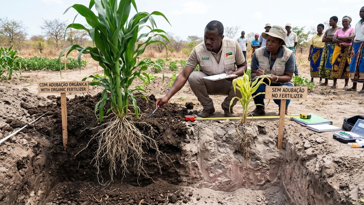 Compara&ccedil;&atilde;o lado a lado de solo com aduba&ccedil;&atilde;o org&acirc;nica (escuro, solto, rico) e solo sem aduba&ccedil;&atilde;o (claro, compactado, pobre), ra&iacute;zes de planta saud&aacute;vel vs ra&iacute;zes fracas vis&iacute;veis, contexto cient&iacute;fico agr&iacute;cola. 