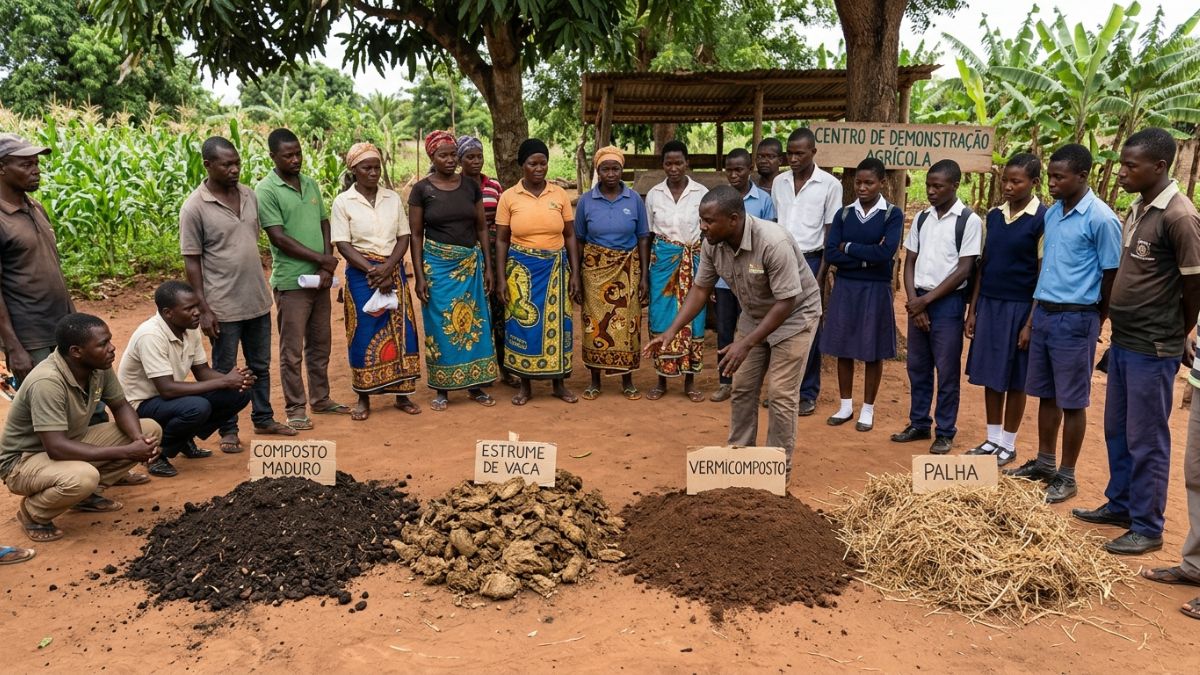 Comparação de diferentes tipos de adubos orgânicos: composto maduro escuro, estrume de bovino, vermicomposto castanho fino e cobertura morta de palha, dispostos em grupos sobre solo, contexto educativo.