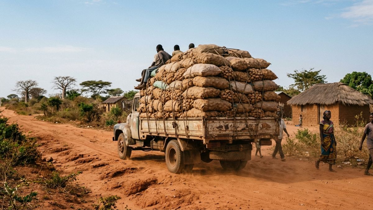 camião carregado de batata-reno saindo da zona de producão
