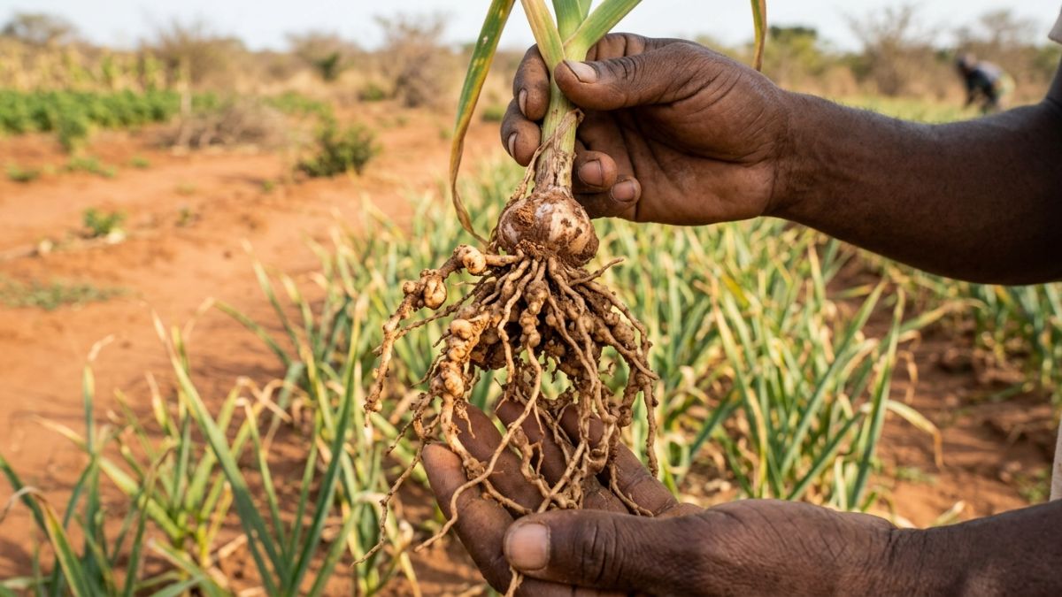 planta de alho com nematoides radiculares em um campo de produção de alho em Moçambique