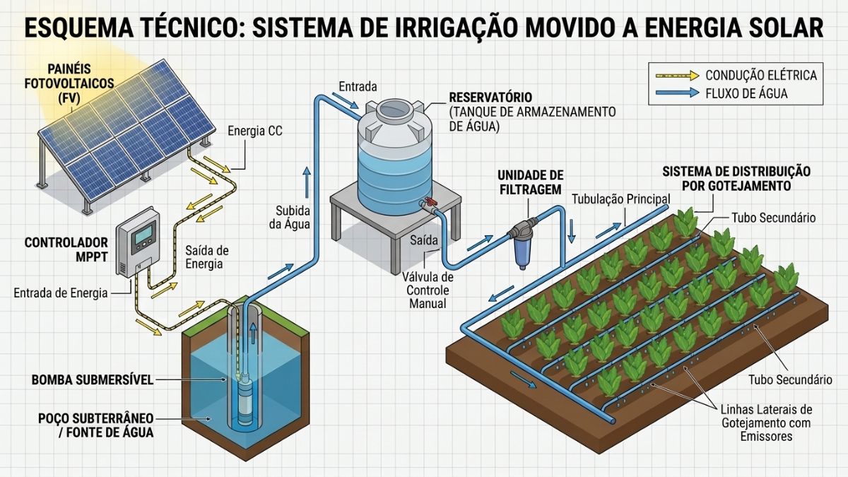 Esquema técnico dos componentes de sistema de irrigação solar: painéis fotovoltaicos, controlador MPPT, bomba submersível, reservatório e sistema de distribuição por gotejamento, com setas de fluxo.