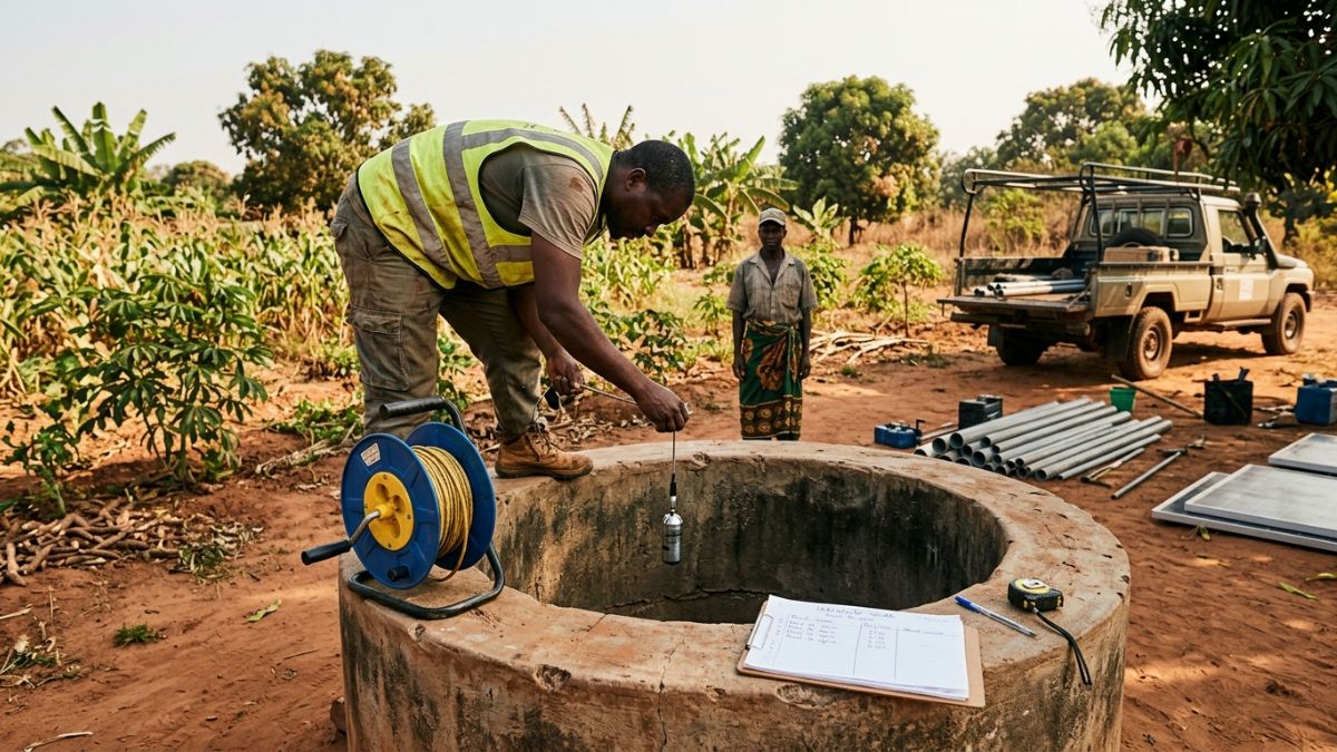 Técnico a fazer medições num poço para dimensionar sistema de irrigação solar, instrumentos de medição visíveis, contexto técnico de instalação agrícola em Moçambique.
