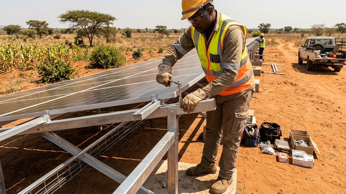 Instalação de painel solar em estrutura metálica orientada a norte num campo agrícola moçambicano, técnico a apertar parafusos de fixação, ambiente de instalação profissional.
