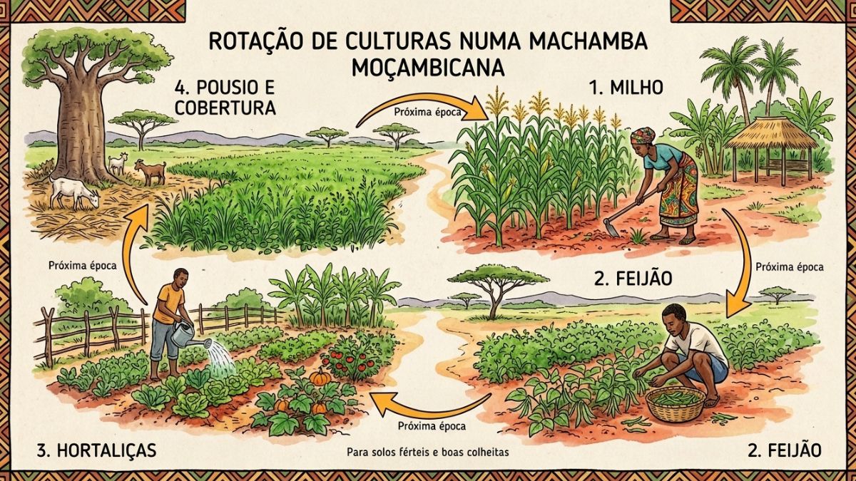 Mapa visual de rotação de culturas numa machamba moçambicana ao longo de 4 épocas: milho, feijão, hortícolas e pousio com cobertura verde, setas indicando sequência de rotação.