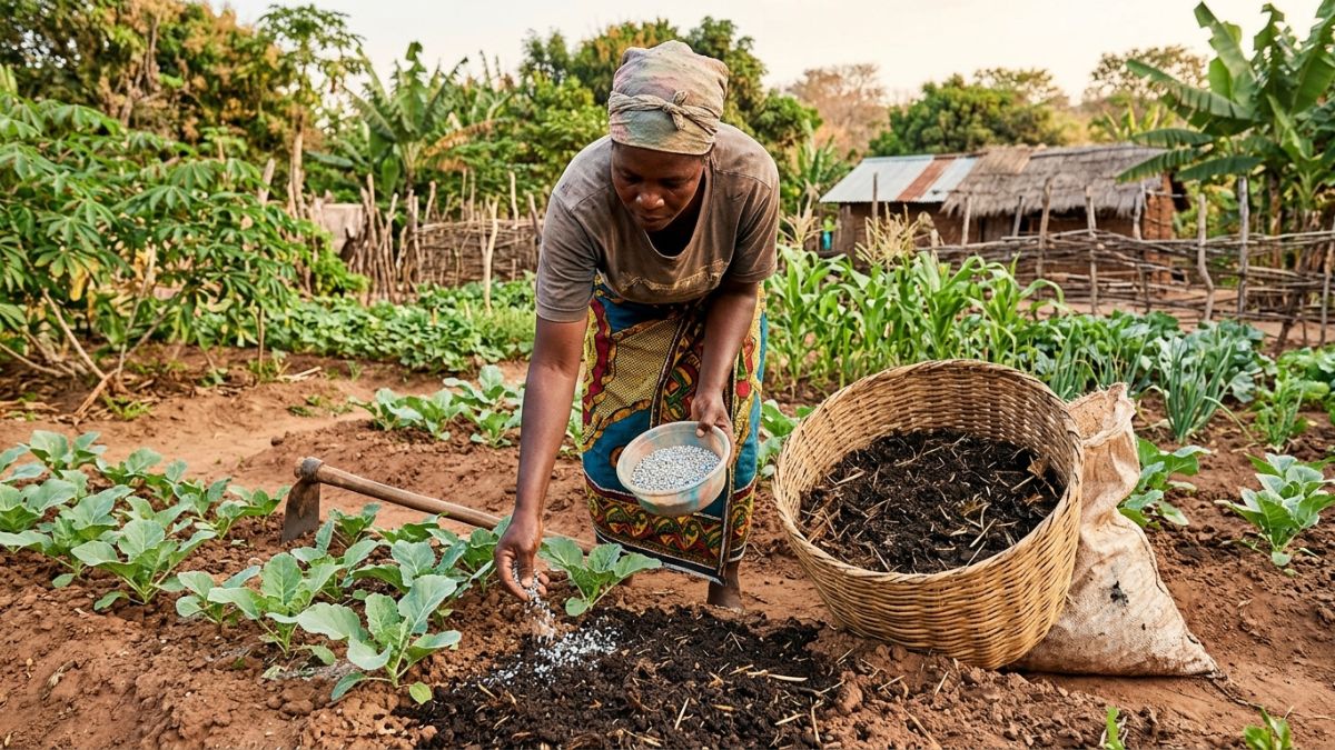 Agricultor a aplicar composto orgânico e fertilizante mineral em canteiro de hortícolas, dois tipos de adubo visíveis