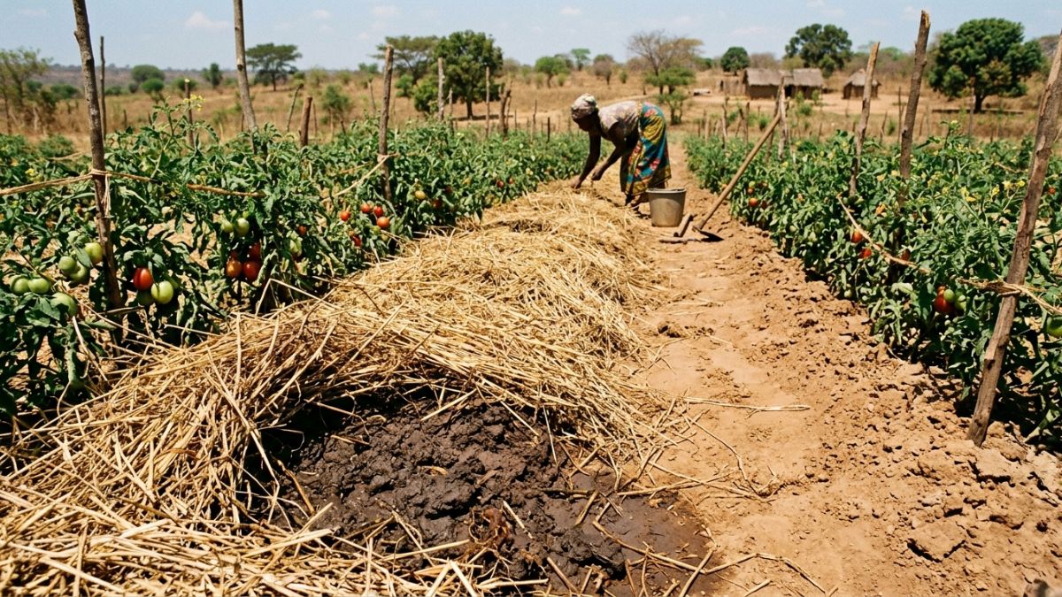 Campo agrícola moçambicano com mulching de palha entre filas de tomate — solo protegido e húmido visível sob a cobertura, contraste com solo exposto ao lado