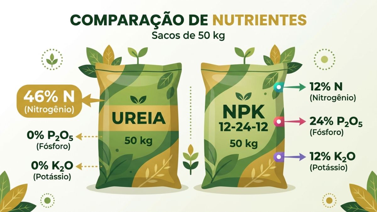 Comparação entre um saco de ureia e um saco de NPK 12-24-12 com as percentagens de nutrientes