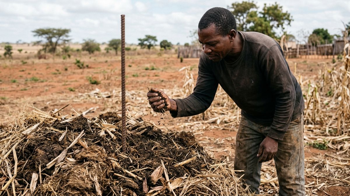 Agricultor a testar a humidade de uma pilha de composto orgânico feita com palha de milho e estrume