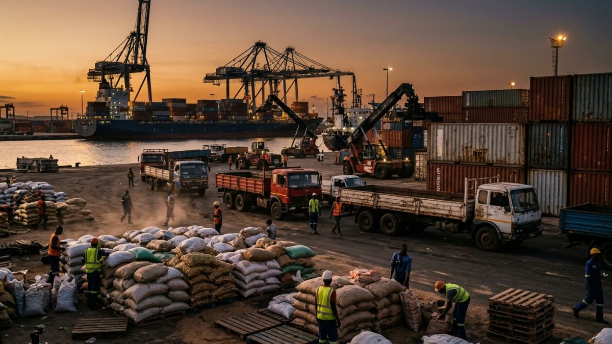 contentores a ser carregados num porto moçambicano ao entardecer, com camiões de carga e sacos de produtos agrícolas