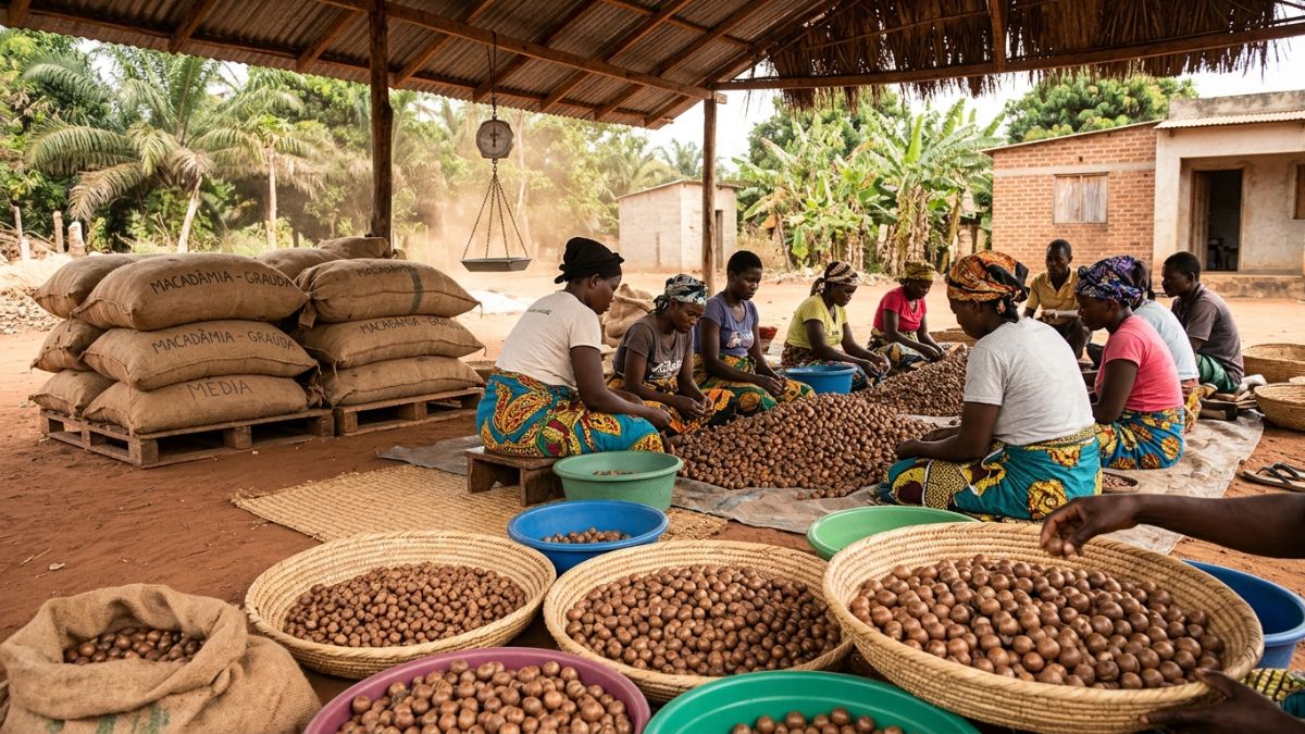 Macadâmias separadas por tamanho antes da venda