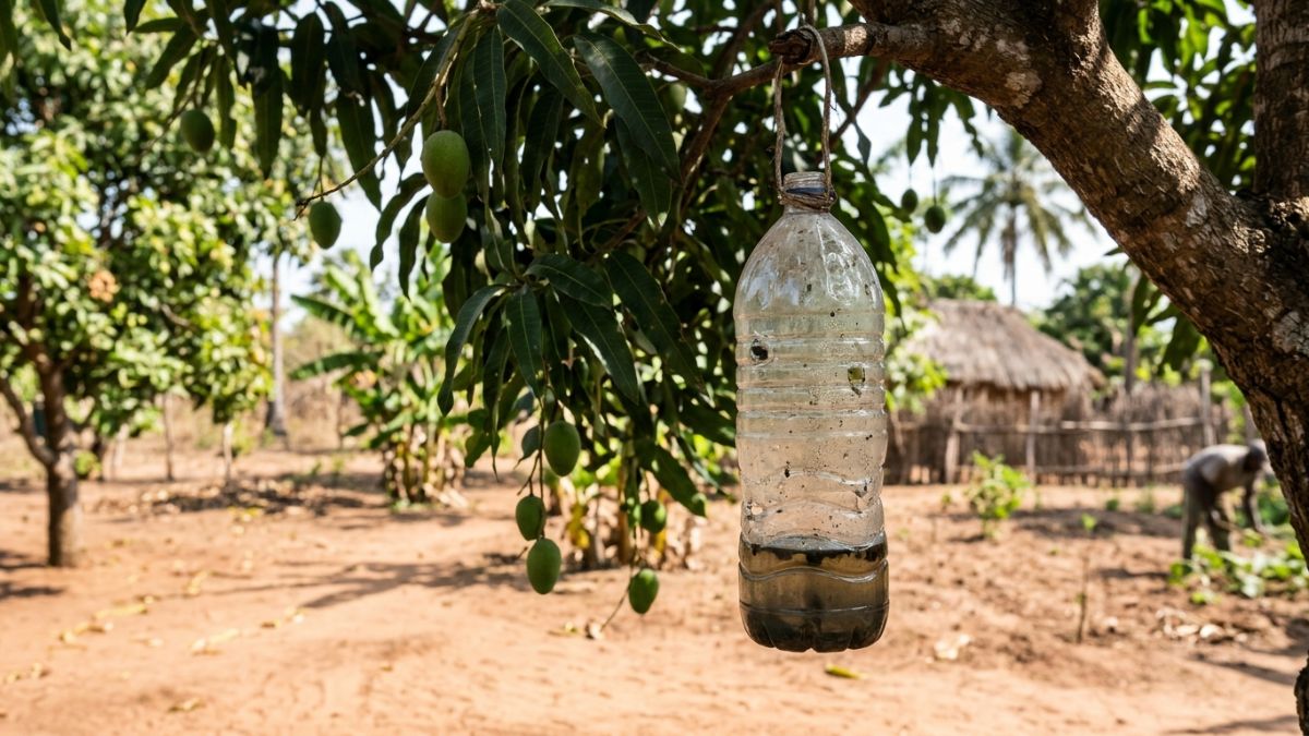 Armadilha para mosca-da-fruta pendurada na árvore.