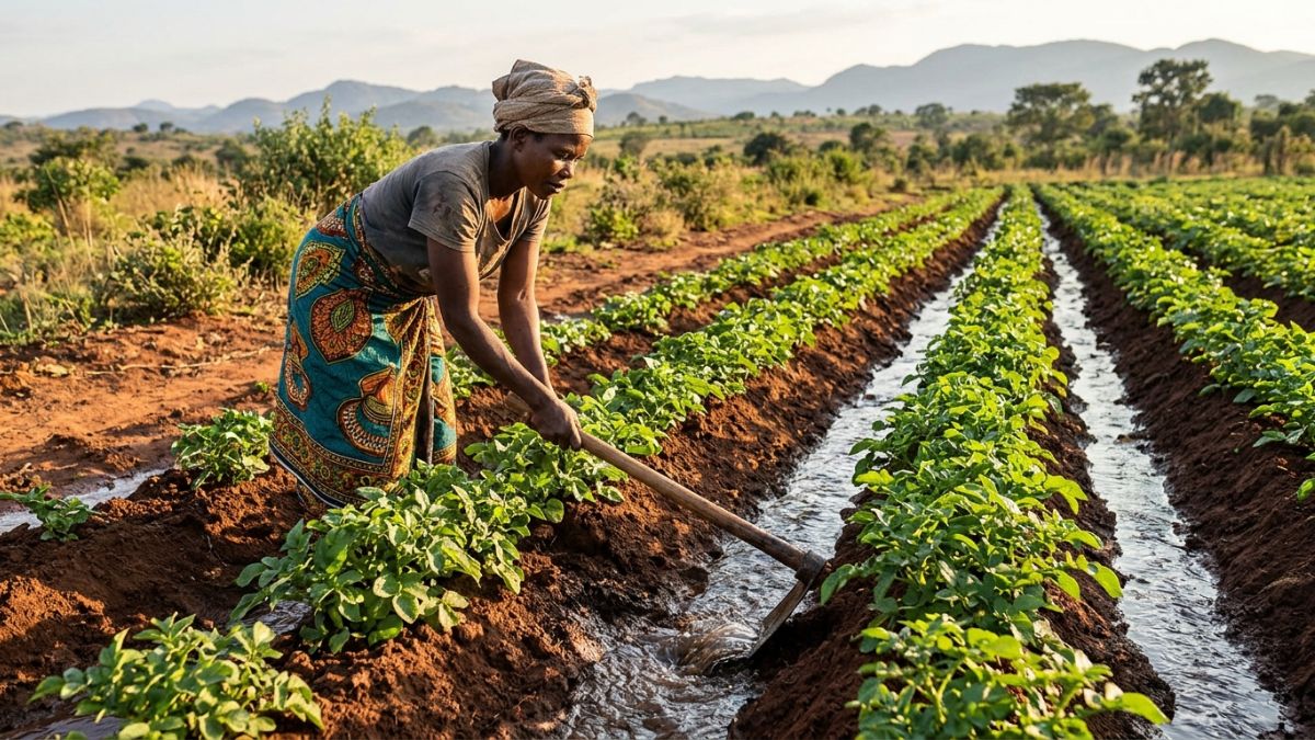 uma agricultora mo&ccedil;ambicana a regar linhas de batata-reno com um sistema de regos ao fim da tarde, solo bem drenado em camalh&otilde;es, colinas ao fundo