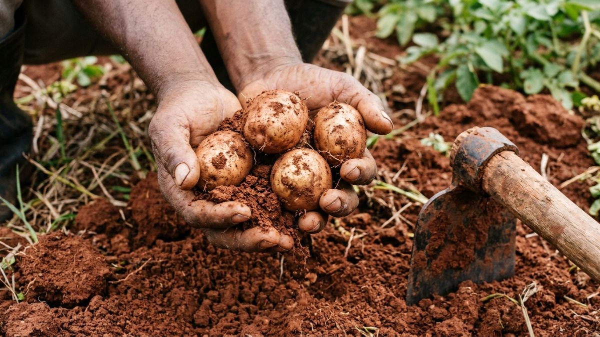 m&atilde;os de um agricultor a segurar terra argilosa vermelha solta com v&aacute;rias batatas-reno rec&eacute;m-colhidas, ao lado de uma enxada