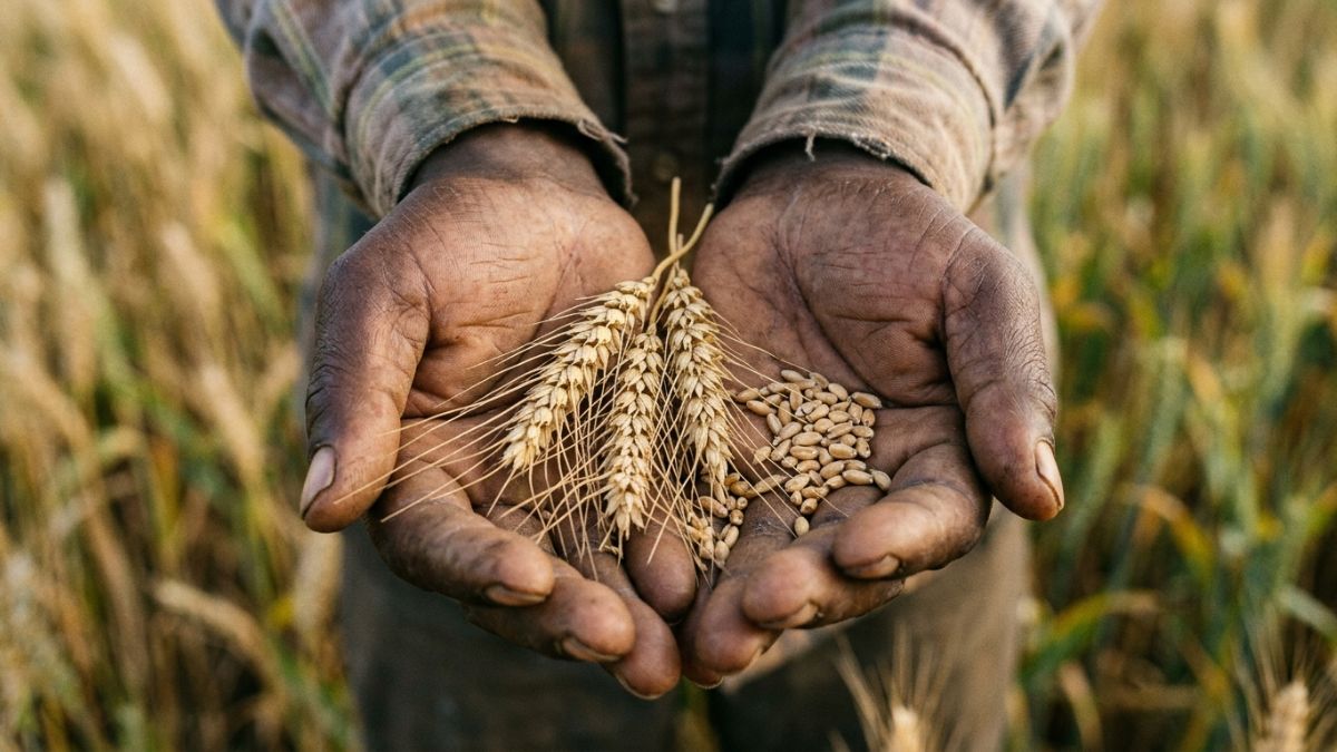 Agricultor com sementes e espiga de trigo nas mãos