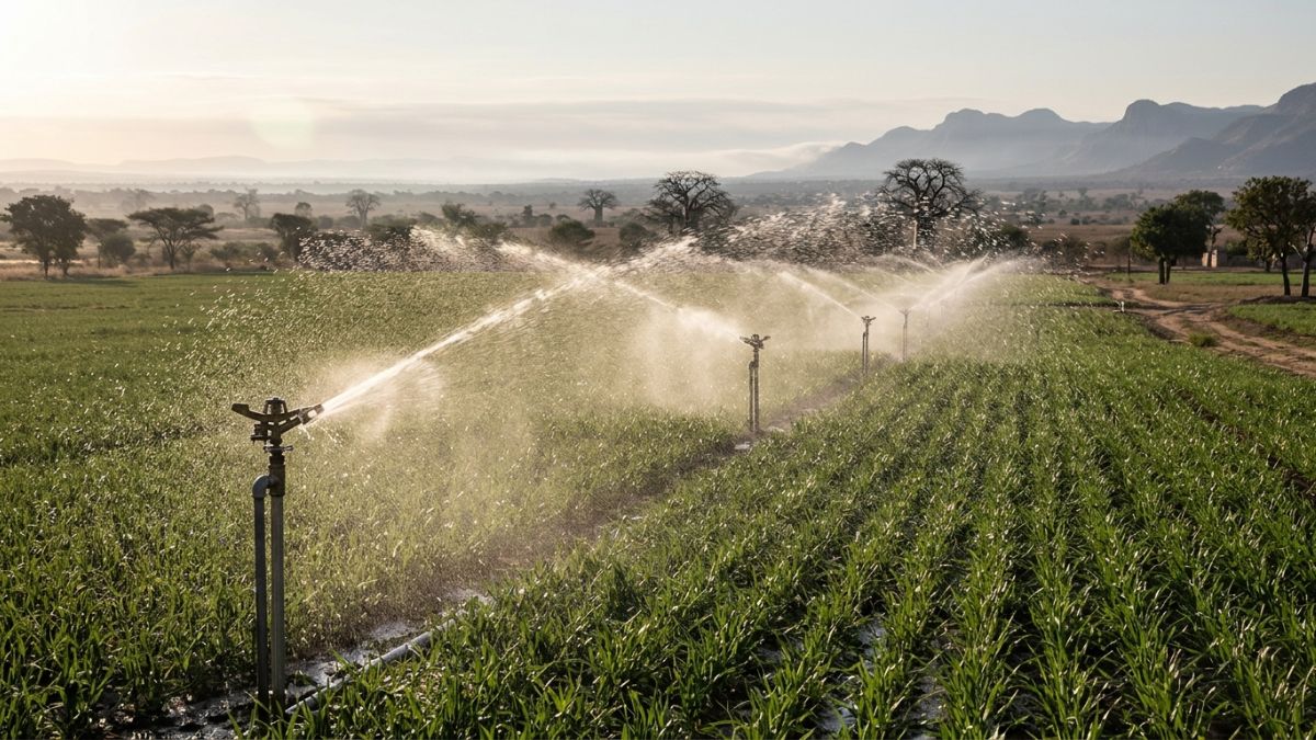 um sistema de rega por aspersão a regar um campo de trigo jovem numa manhã fresca, em Tete, Moçambique