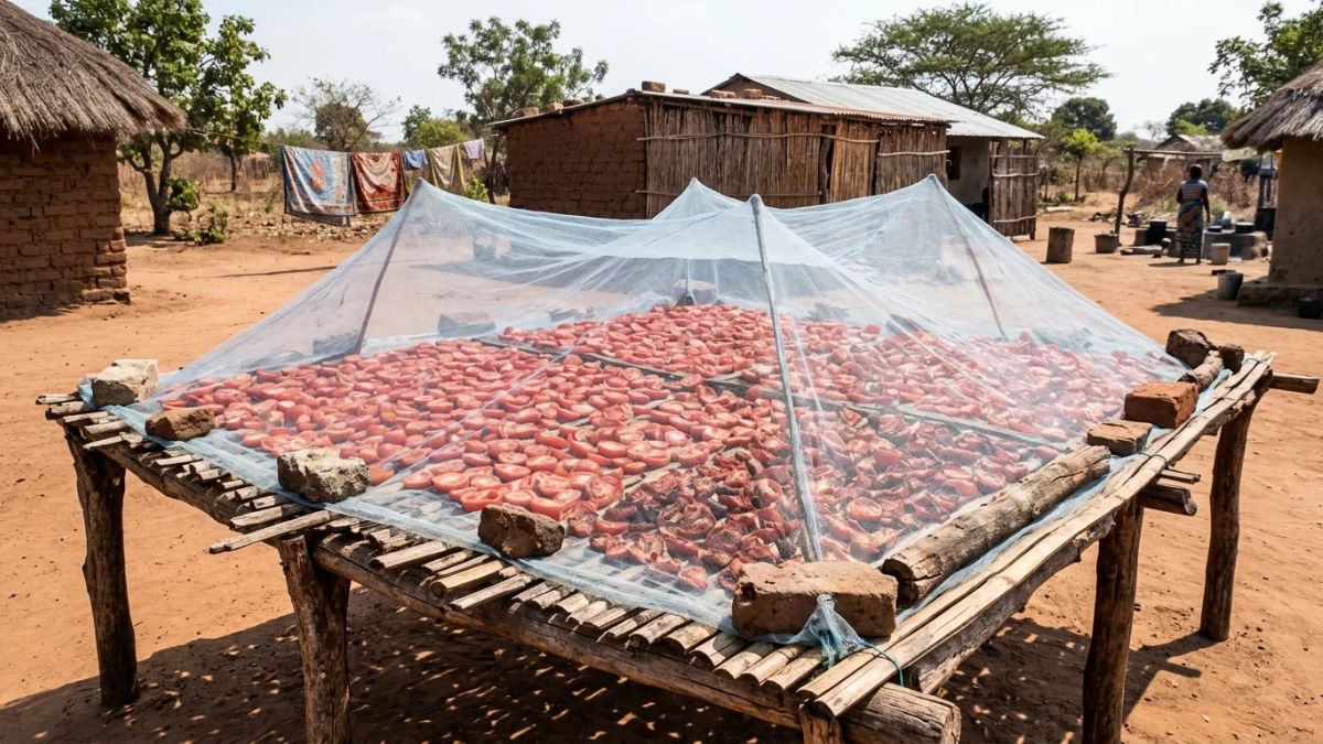 rodelas de tomate a secar numa plataforma coberta com rede mosquiteira.